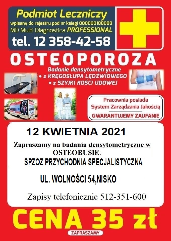 W dniu 12 kwietnia 2021 mieszkańcy Niska i okolic będą mieli możliwość zbadania swoich kości w "osteobusie" Sztafeta.pl