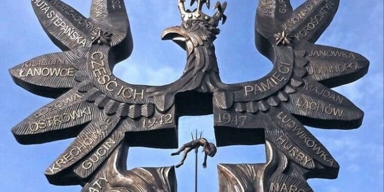 Tak wygląda pomnik Rzezi Wołyńskiej, autorstwa Andrzeja Pityńskiego. Widoczny na zdjęciu element monumentu z dzieckiem nadzianym na widły, został usunięty